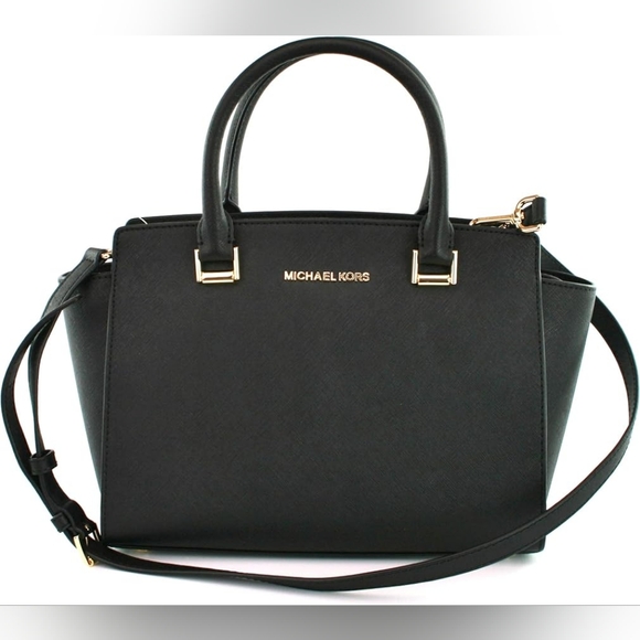 Michael Kors Selma Saffiano Leather Medium Top Zip Satchel Bag (Black)